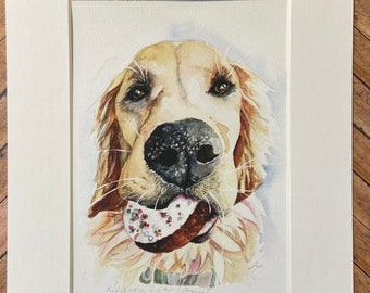 Golden Retriever « Heaven is a Donut » Dog Fine Art Aquarelle 8x10 Matted Print Qualité archivistique