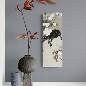 Japanese Sumi-e Ink Crow and Cherry Blossoms Ohara Koson 4x12 Panel Art Print on Handmade Rice Paper