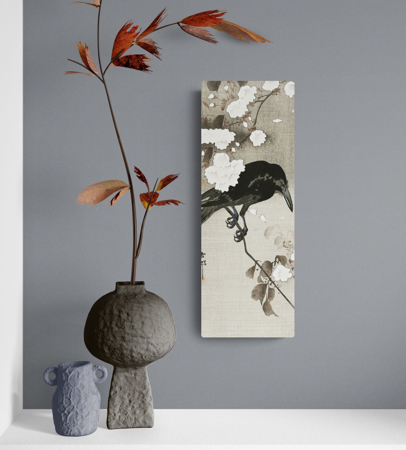 Japanese Sumi-e Ink Crow and Cherry Blossoms Ohara Koson 4x12 