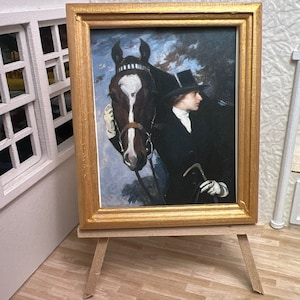 Miniature Dollhouse Room Box Wall Art Print Painting Equestrian Woman with Horse Riding Whip Framed Handmade 1:12th Scale