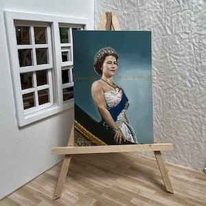 Miniature Dollhouse Room Box Wall Art Print Painting Young Queen Elizabeth II Walking Down Staircase Portrait Handmade
