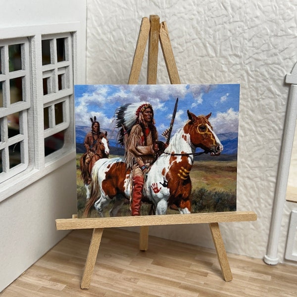 Miniature Dollhouse Room Box Wall Art Western Style Indian Native American on Horses Contemporary Gallery Handmade