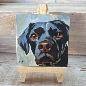 Miniature Acrylic ORIGINAL Art Portrait of Black Dog Labrador Retriever comes with Easel Handmade 3x3