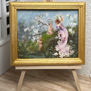 Miniature Dollhouse Room Box Wall Art Print Painting Woman with Caged Cherubs Handmade 1:12th Scale