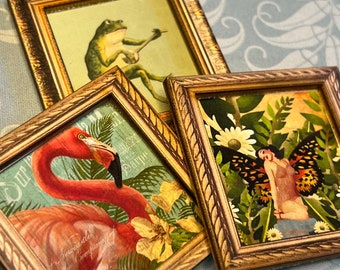 Miniature Dollhouse Picture Art Frame Hawaiian Tropical Garden Theme 1:12 Butterfly Flamingo Frog