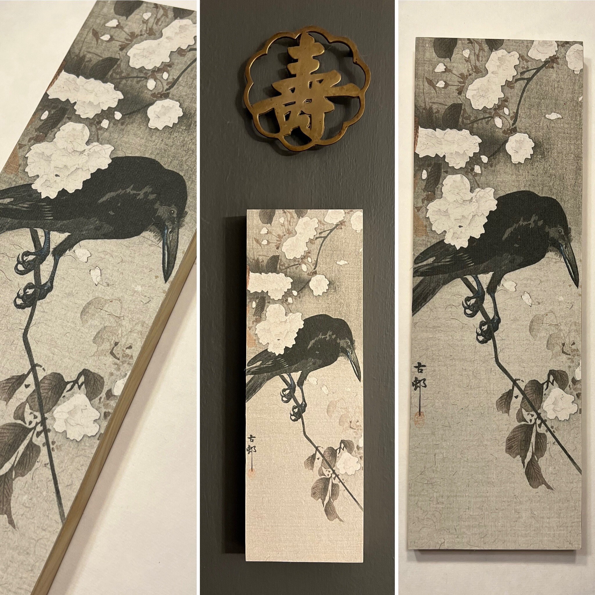 Japanese Sumi-e Ink Crow and Cherry Blossoms Ohara Koson 4x12 