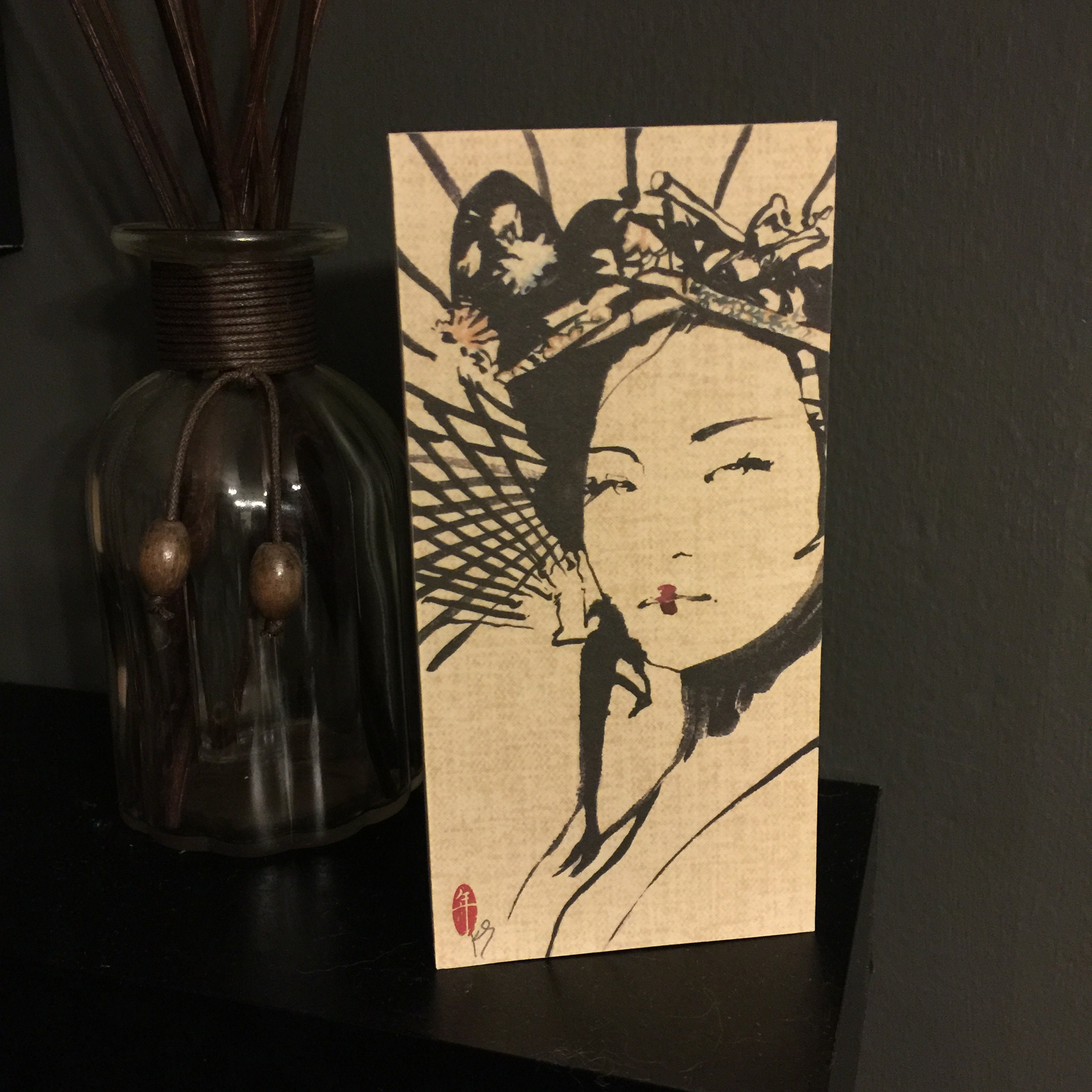 日本の墨絵「芸者」女性の肖像画シリーズ 3x6 アジアの小さなパネル