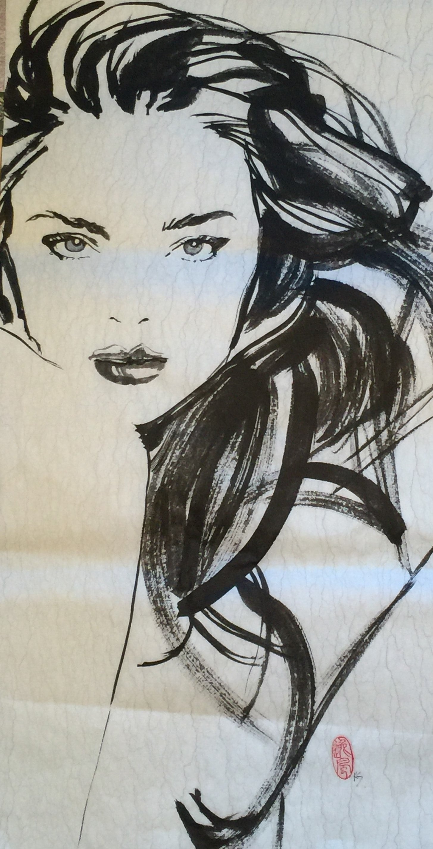 自作 日本画 水墨画 女性の肖像 Japanese Sumi-e Ink Painting Original 