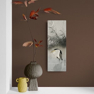 Encre japonaise Sumi-e Ohara Koson « Heron under Moon » 4x12 Panel Art Print sur papier de riz fait à la main