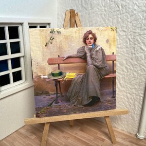 Miniature Dollhouse Room Box Wall Art Print Painting Woman with Confidence on Bench Handmade