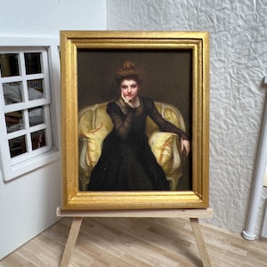 Miniature Dollhouse Room Box Wall Art Print Painting Intriguing Woman Gold Chair Framed Handmade 1:12th Scale