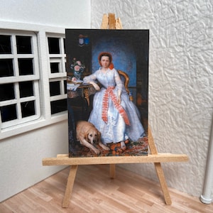 Miniature Dollhouse Room Box Wall Art Print Painting Victorian Women with Loyal Dog Gallery Handmade