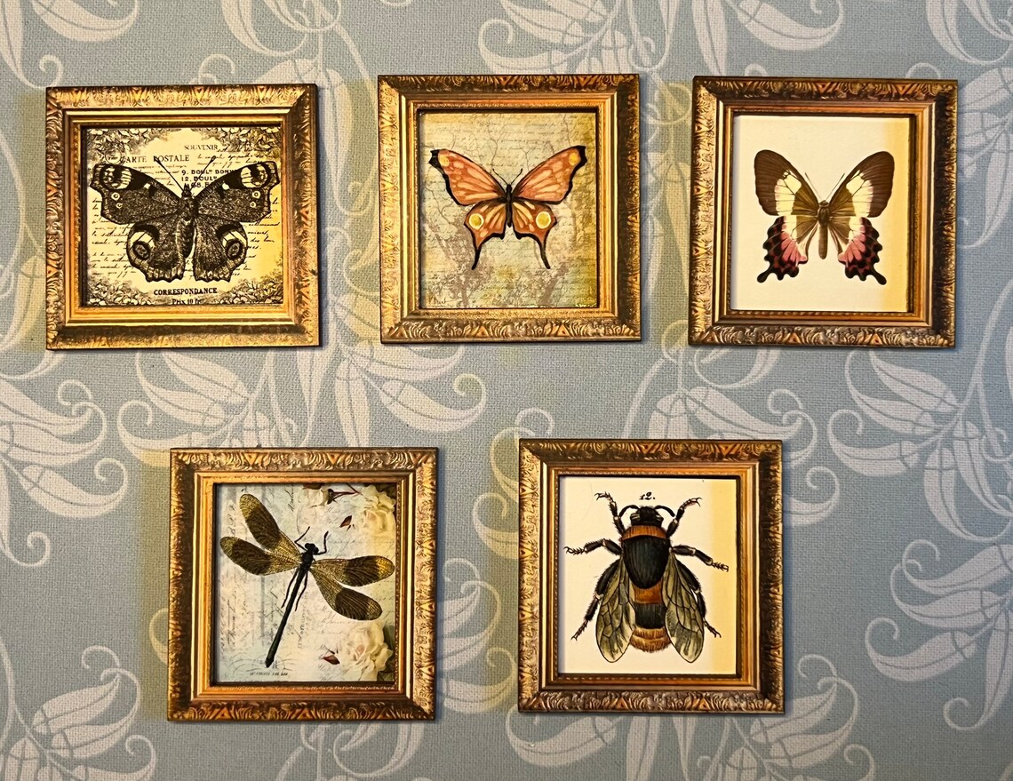Dollhouse Miniature Pictures - Set Of 6 Beetle Paintings In Gold Square Frames (1:12 Scale)