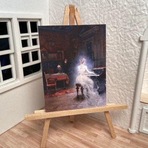 Miniature Dollhouse Room Box Wall Art Print Painting Ghostly Victorian Spirit Woman Playing Piano Halloween Handmade