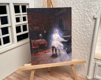 Miniature Dollhouse Room Box Wall Art Print Painting Ghostly Victorian Spirit Woman Playing Piano Halloween Handmade