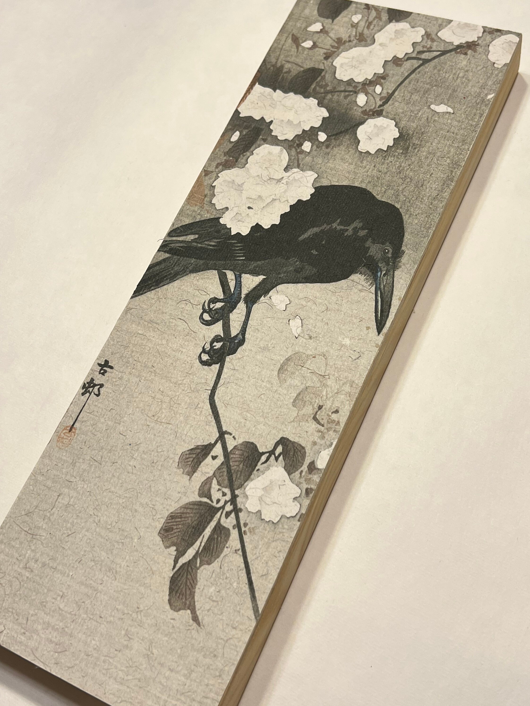 Japanese Sumi-e Ink Crow and Cherry Blossoms Ohara Koson 4x12 