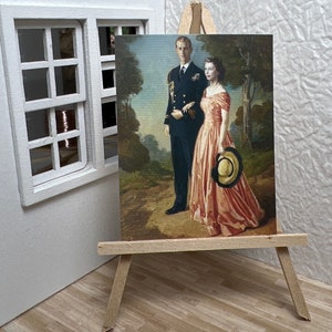 Miniature Dollhouse Room Box Wall Art Print Painting Young Queen Elizabeth II with Prince Philip Portrait Handmade