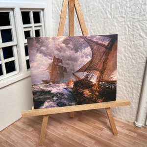 Miniature Dollhouse Room Box Wall Art Print Painting War Ships at Sea Nautical Handmade