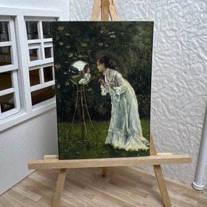 Miniature Dollhouse Room Box Wall Art Print Painting Woman Looking into Glass Mirror Ball Handmade