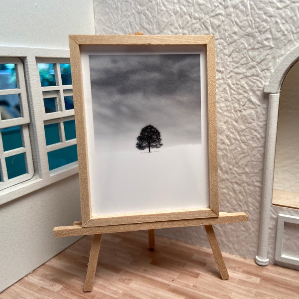 Miniature Modern Dollhouse Room Box Wall Art Framed Black and White Photo Lone Tree Contemporary Gallery Handmade