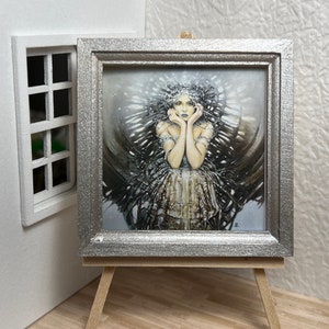 Miniature Dollhouse Room Box Wall Art Print Painting Modern Woman in Silver Framed Handmade 1:12th Scale
