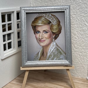 Miniature Dollhouse Room Box Wall Art Print Painting of Princess Diana in Silver Frame Handmade 1:12th Scale
