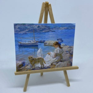 Miniature Dollhouse Room Box Wall Art Print Painting Woman With Dog on Beach Handmade 1:12 Scale