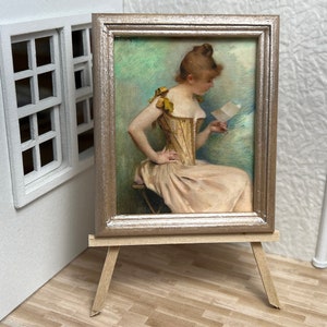 Miniatur-Puppenhaus-Zimmer-Kasten-Wand-Kunst-Druck-Malerei der schönen Frau, die die Brief liest Handgemachter Maßstab 1:12
