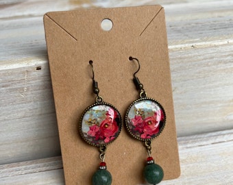 Artist Made Rose Flower Dangle Earring Brass Color with Green Stone