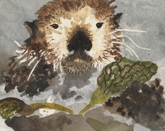 Sea Otter Watercolor 11x14 Matted Print with Archival Inks