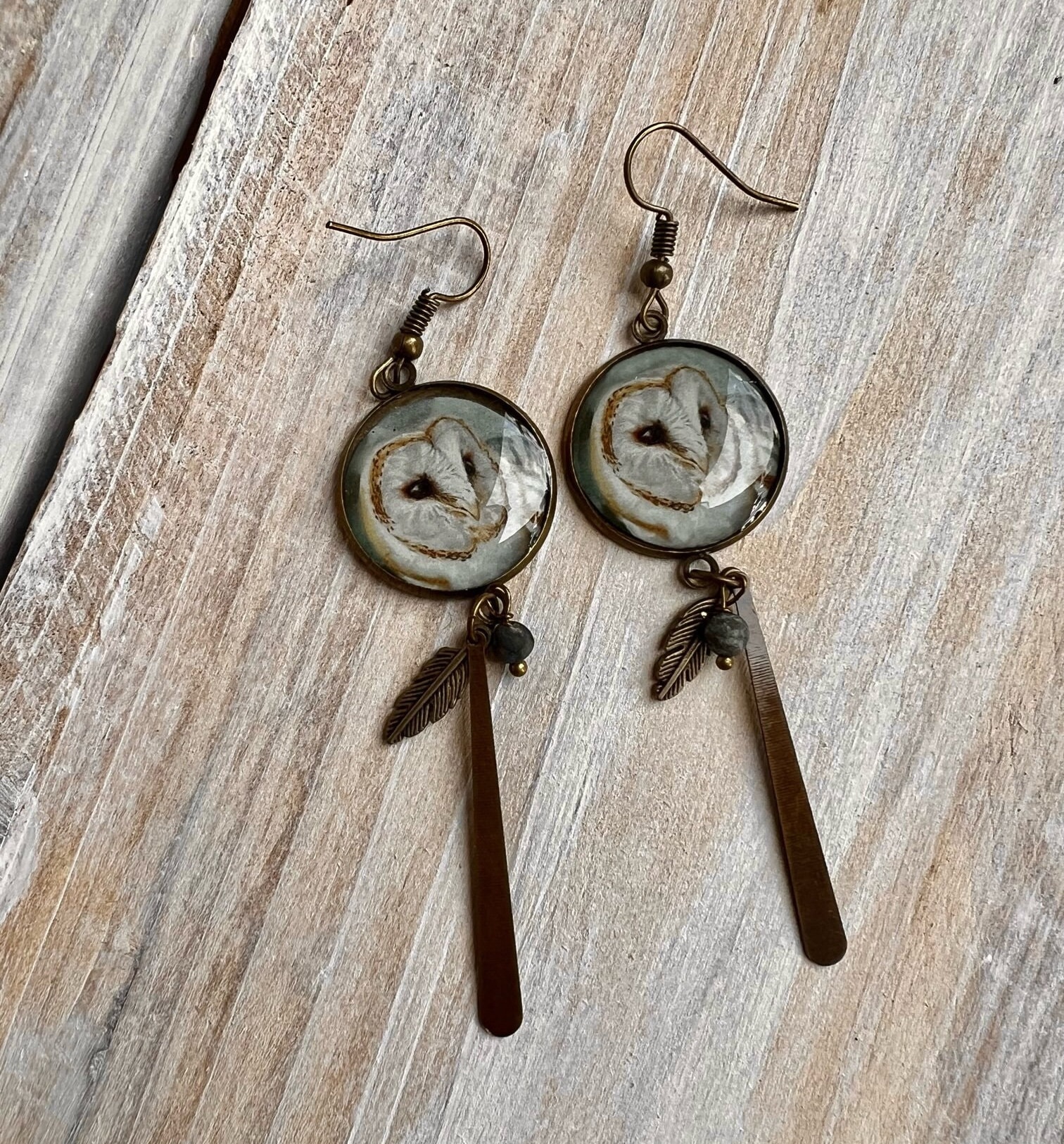 Artist Made Barn Owl Dangle Earring Brass Color with Feather and Stone