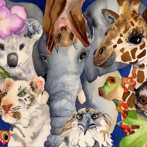 Zoo Babies 8x10 Matted Print Watercolor Animals Elephant Koala Giraffe Tiger Frog Monkey Bat Eagle