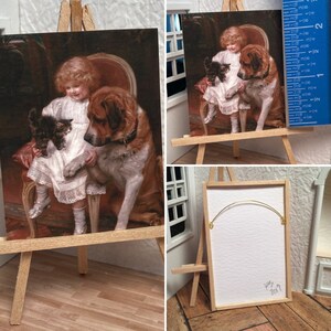 Miniature Dollhouse Room Box Art Print Peinture Petite fille avec chien et chat Galerie Portrait fait à la main