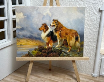 Miniature Dollhouse Room Box Wall Art Print Painting Collie Dogs in Field Handmade 1:12