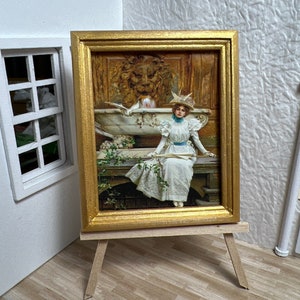 Miniature Dollhouse Room Box Wall Art Print Painting Woman by Italian Fountain Gold Framed Handmade 1:12th Scale