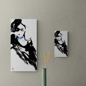 Japanese Sumi-e Ink Painting “Repose&quot; Portrait of a Woman Series 3x6 Asian Small Panel Art