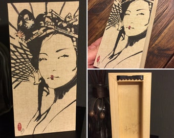 日本の墨絵「芸者」女性の肖像画シリーズ 3x6 アジアの小さなパネル