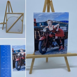 Miniature Dollhouse Room Box Wall Art Print Painting Women with Indian Motorcycle 1930&#39;s 40&#39;s Handmade 1:12 Scale