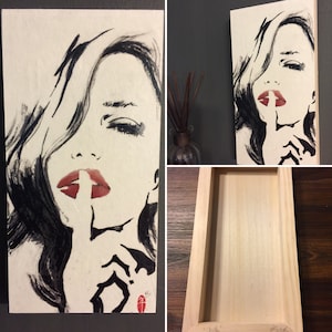 Japanese Sumi-e Ink Painting &quot;Hush&quot; Portrait of a Woman Series 6x12 Panel Art