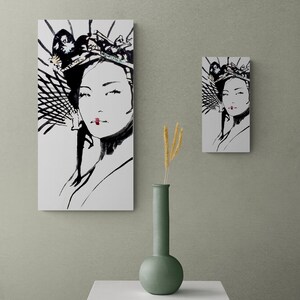 Japanese Sumi-e Ink Painting &quot;The Geisha&quot; Portrait of a Woman Series 3x6 Asian Small Panel Art