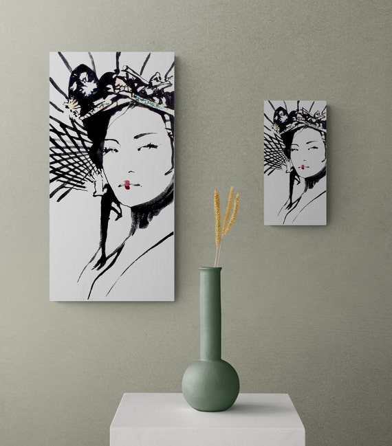 日本の墨絵「芸者」女性の肖像画シリーズ 3x6 アジアの小さなパネル