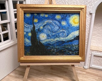 Miniature Dollhouse Room Box Wall Art Print Painting Starry Night Van Gogh Framed Handmade 1:12th Scale
