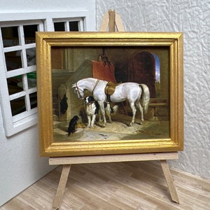 Miniature Dollhouse Room Box Wall Art Print Painting Barnyard Friends Horse Dogs Framed Handmade 1:12th Scale
