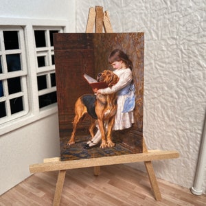 Miniature Dollhouse Room Box Wall Art Print Painting Naughty Boy Charles Barber Bloodhound and Girl Reading Handmade