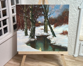 Miniature Dollhouse Room Box Wall Art River in Snow Landscape Handmade