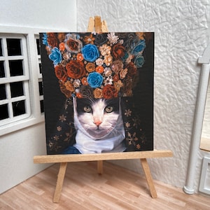 Miniature Dollhouse Room Box Art Cat in Flower Hat Gallery Portrait Fait à la main 1: 12ème échelle