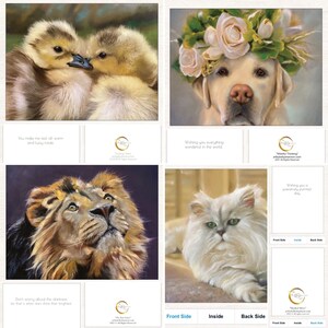 Greeting Note Card Persian Cat, Ducklings, Dog and Lion 5x5.5 size Glossy set of 4