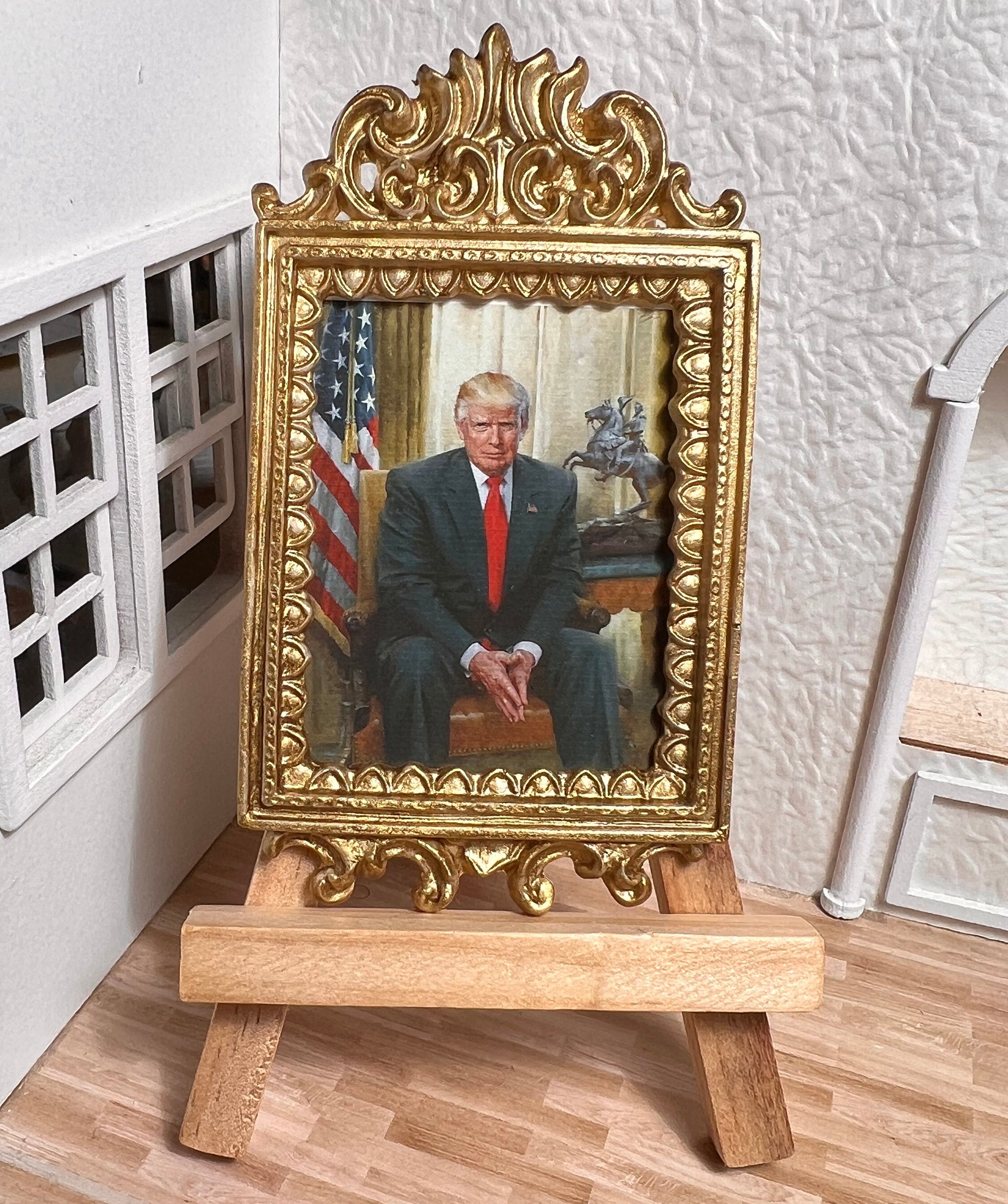 Miniature Dollhouse Room Box Wall Art Baroque Style Gold Framed Portrait of President Trump Framed Handmade 1:12th Scale