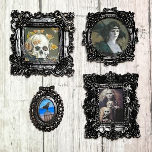 Miniature Modern Dollhouse Room Box Wall Art Framed Tiny Spooky Gothic Halloween Skull Raven Ghoul Vampire SET OF 4 or Each Gallery Handmade