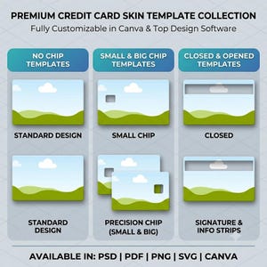 May include: A digital collection of credit card skin templates featuring a landscape design with green hills and a blue sky with clouds. The text reads PREMIUM CREDIT CARD SKIN TEMPLATE COLLECTION, NO CHIP, SMALL & BIG CHIP, and CLOSED & OPENED TEMPLATES.